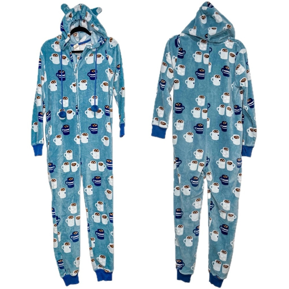 Munki Munki Womens Blue Hot‎ Cocoa Fleece Hooded One Piece Pajama Small Ears Zip - Picture 2 of 14